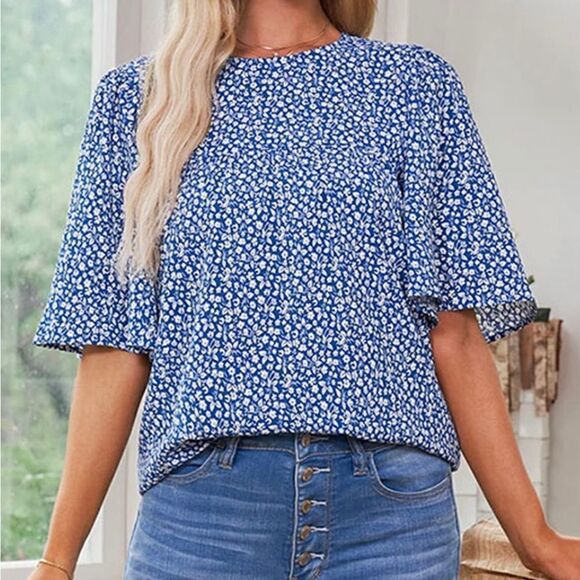 C. Cline Blue & White Floral Bell-Sleeve Crewneck Top - Picture 2 of 3